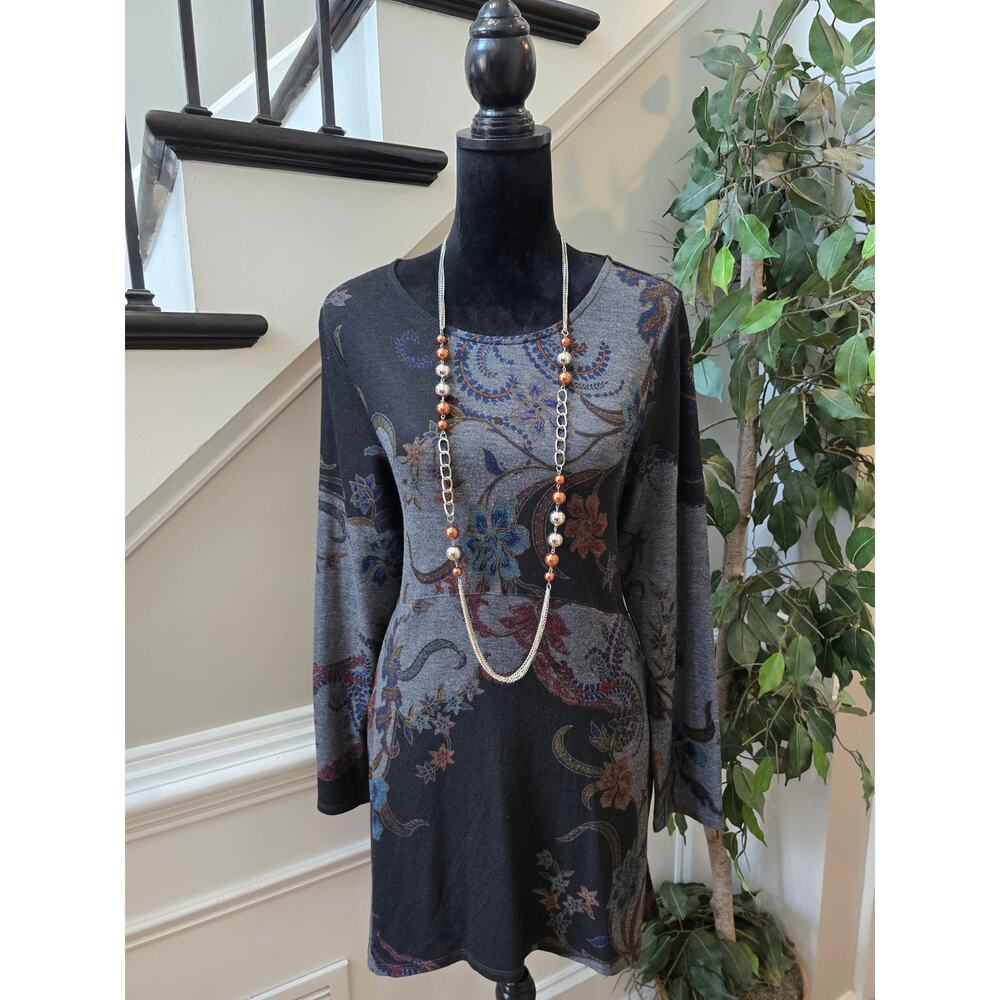 Chico's A-Line Dress M Gray Black Stretch Floral High Low Scoop Neck Long Sleeve